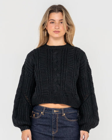 Woman wearing Folktale Crop Chunky Knit in Black