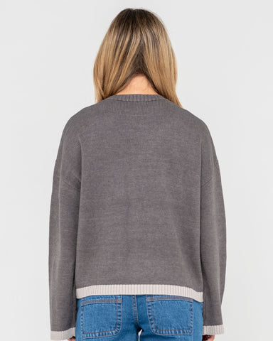 Woman wearing Rider Relaxed Crew Neck Knit in Grey