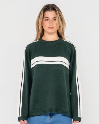 Woman wearing White Lines Long Sleeve Crew Neck Knit in Green Gables