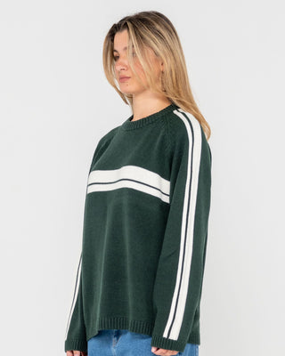 Woman wearing White Lines Long Sleeve Crew Neck Knit in Green Gables