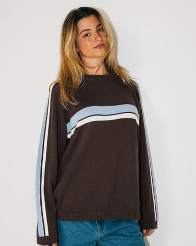 Woman wearing White Lines Long Sleeve Crew Neck Knit in Brown