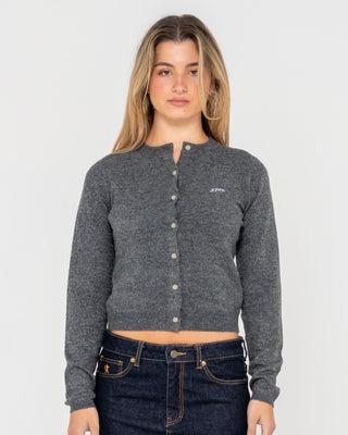 Woman wearing Nana Beryl Slim Fit Cardigan in Carbon