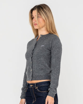 Woman wearing Nana Beryl Slim Fit Cardigan in Carbon
