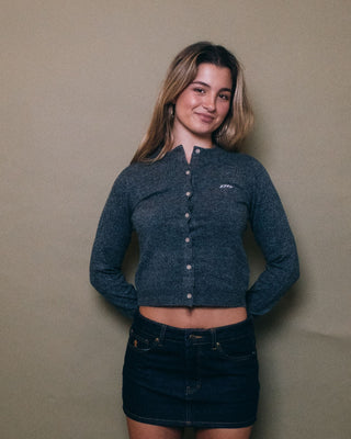 Woman wearing Nana Beryl Slim Fit Cardigan in Carbon