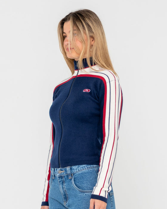 woman-wearing-daddy-gb-zip-through-skimmer-knit-in-navy-blue