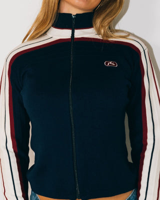 Woman wearing Daddy Gb Zip Through Skimmer Knit in Navy Blue