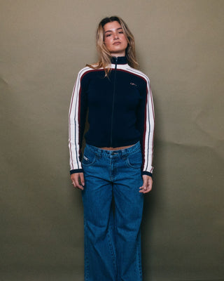 Woman wearing Daddy Gb Zip Through Skimmer Knit in Navy Blue