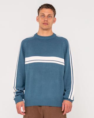 Man wearing White Lines 2.0 Knitted Crew in Atlantic Blue