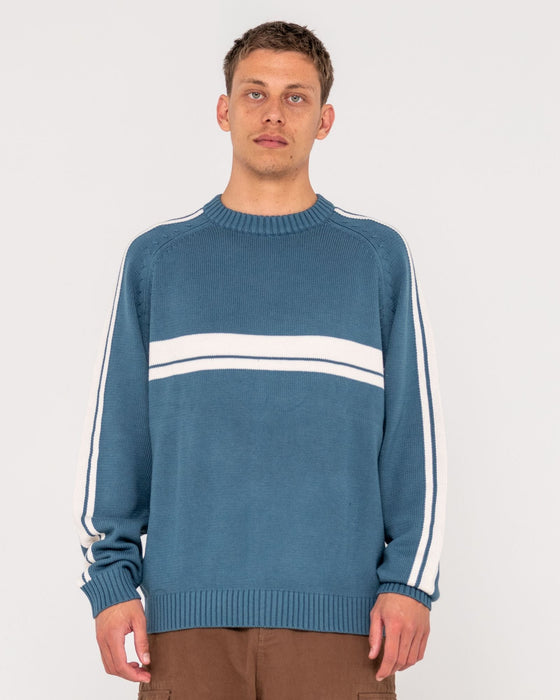 man-wearing-white-lines-2-0-knitted-crew-in-atlantic-blue