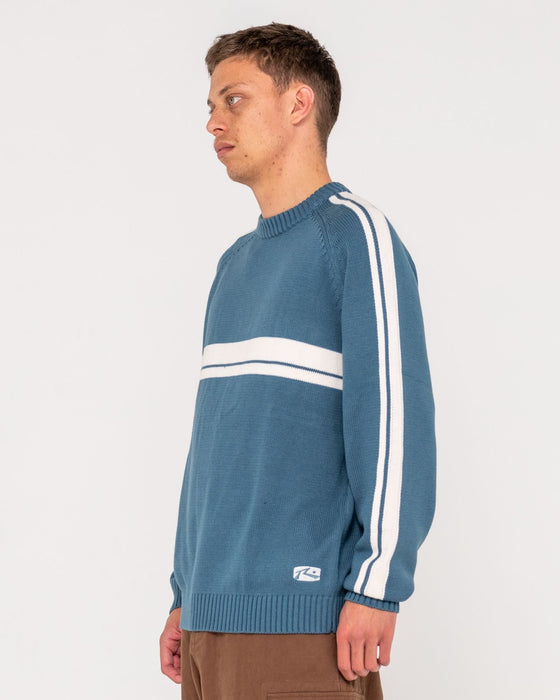 man-wearing-white-lines-2-0-knitted-crew-in-atlantic-blue