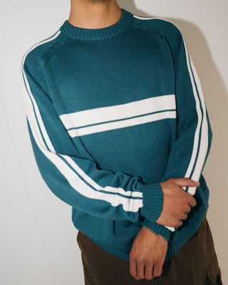Man wearing White Lines 2.0 Knitted Crew in Atlantic Blue