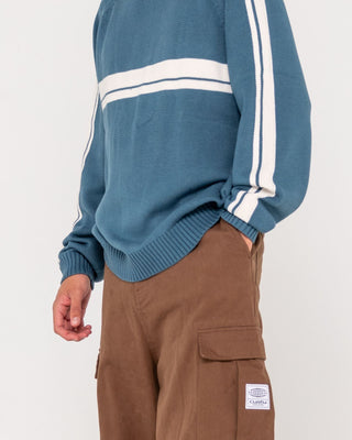 Man wearing White Lines 2.0 Knitted Crew in Atlantic Blue