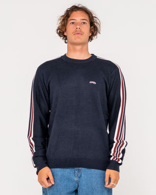 Man wearing Big Red Crew Neck Sweater in Navy Blue