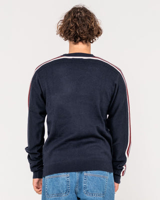 Man wearing Big Red Crew Neck Sweater in Navy Blue