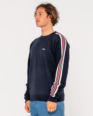 Man wearing Big Red Crew Neck Sweater in Navy Blue