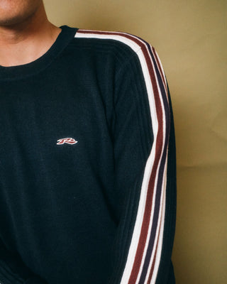 Man wearing Big Red Crew Neck Sweater in Navy Blue