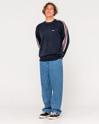 Man wearing Big Red Crew Neck Sweater in Navy Blue