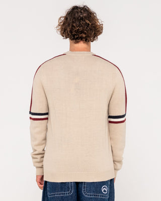 Man wearing Moritz 2.0 Graffiti R Crew Knit Sweater in Oatmeal