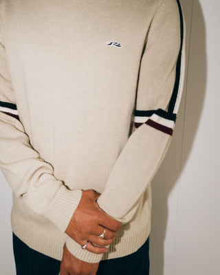 Man wearing Moritz 2.0 Graffiti R Crew Knit Sweater in Oatmeal