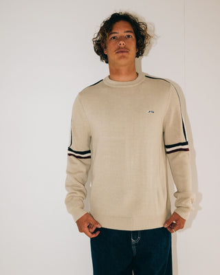 Man wearing Moritz 2.0 Graffiti R Crew Knit Sweater in Oatmeal