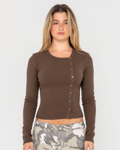 Woman wearing Button Up Long Sleeve Top in Brown