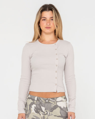 Woman wearing Button Up Long Sleeve Top in Grey