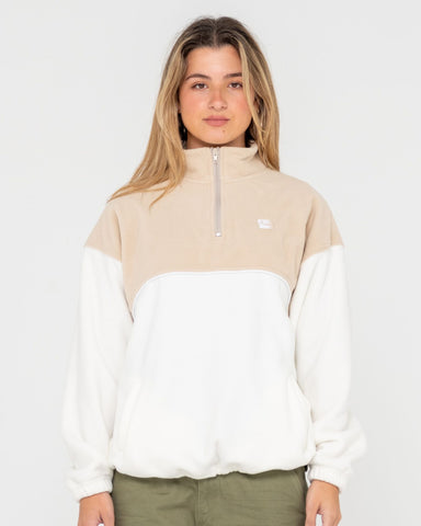 Woman wearing Tonal Division Half Zip Polar Fleece in Brown