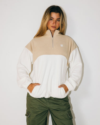 Woman wearing Tonal Division Half Zip Polar Fleece in Brown