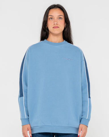 Woman wearing Two Timer Panelled Crew Fleece in Blue