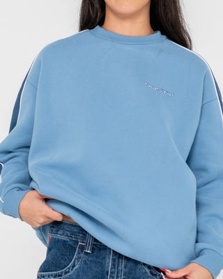 Woman wearing Two Timer Panelled Crew Fleece in Glacier Lake