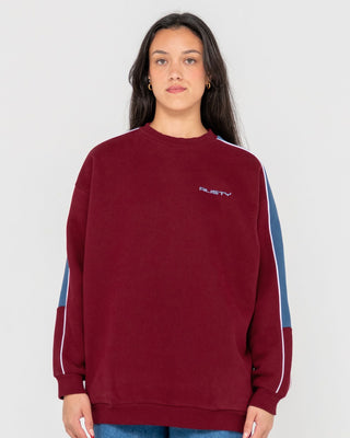 Woman wearing Two Timer Panelled Crew Fleece in Rhubarb