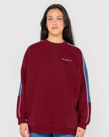 Woman wearing Two Timer Panelled Crew Fleece in Brown