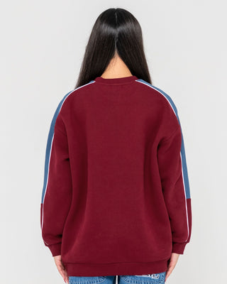 Woman wearing Two Timer Panelled Crew Fleece in Rhubarb