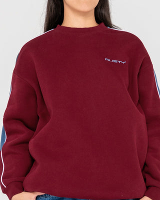 Woman wearing Two Timer Panelled Crew Fleece in Rhubarb