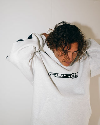 Man wearing 2K Sing Hooded Fleece in Ecru Marle