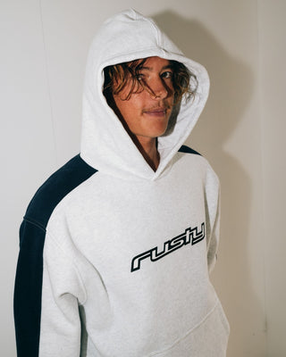 Man wearing 2K Sing Hooded Fleece in Ecru Marle