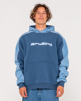 Man wearing Panela Anderson Hooded Fleece in Atlantic Blue