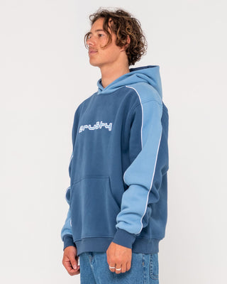 Man wearing Panela Anderson Hooded Fleece in Atlantic Blue