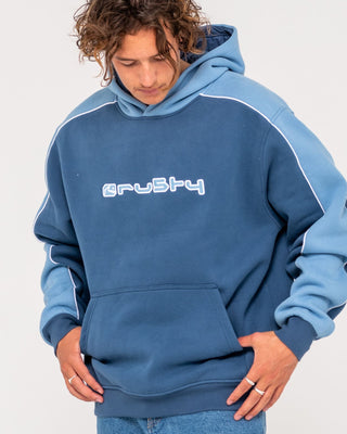 Man wearing Panela Anderson Hooded Fleece in Atlantic Blue