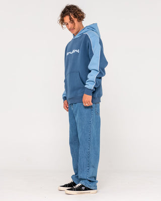Man wearing Panela Anderson Hooded Fleece in Atlantic Blue