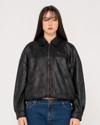 Woman wearing Back Street Faux Leather Jacket in Black