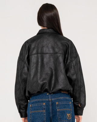 Woman wearing Back Street Faux Leather Jacket in Black