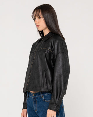 Woman wearing Back Street Faux Leather Jacket in Black