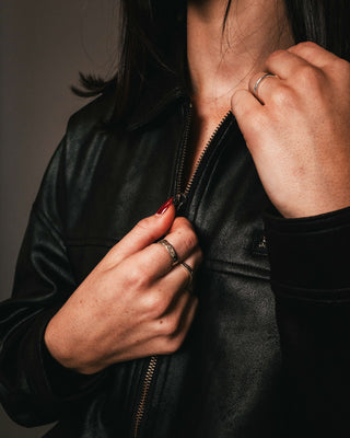 Woman wearing Back Street Faux Leather Jacket in Black