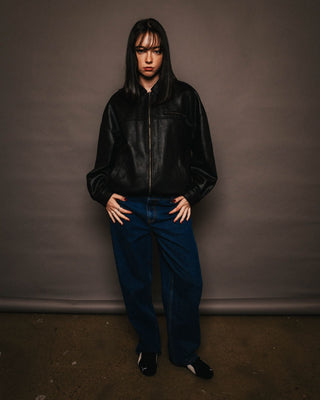 Woman wearing Back Street Faux Leather Jacket in Black