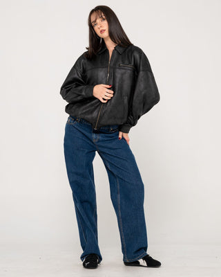 Woman wearing Back Street Faux Leather Jacket in Black