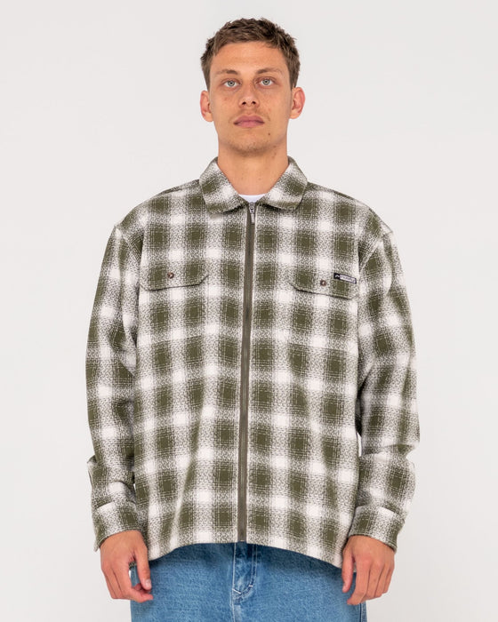 man-wearing-zeal-zip-thru-over-shirt-in-army-green