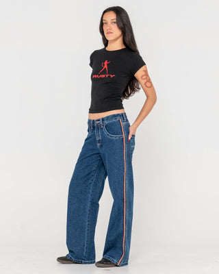 Woman wearing Flip Mommy Low Rise Wide Leg Denim Jean in Deep Sea Blue