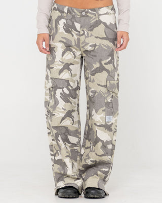 Woman wearing Camo-mile Low Rise Cargo Pant in Camo