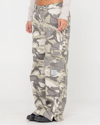 Woman wearing Camo-mile Low Rise Cargo Pant in Camo